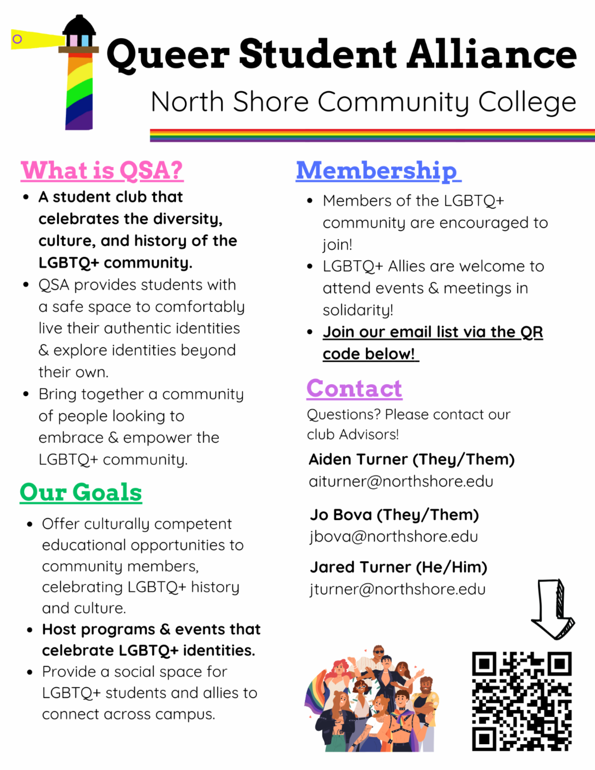 Flyer for Queer Student Alliance organization. Contact Aiden Turner aiturner@northshore.edu for more information.