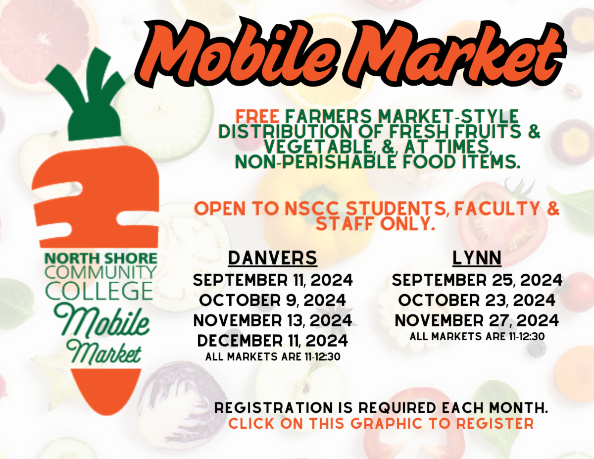 Flyer with Mobile Food Market dates. All Mobile Markets are on Wednesdays from 11am-12:30pm. Danvers fall dates: September 11, October 9, November 13, and December 11. Lynn fall dates: September 25, October 23, and November 27. Registration required for each mobile market. Please click on image for more information.