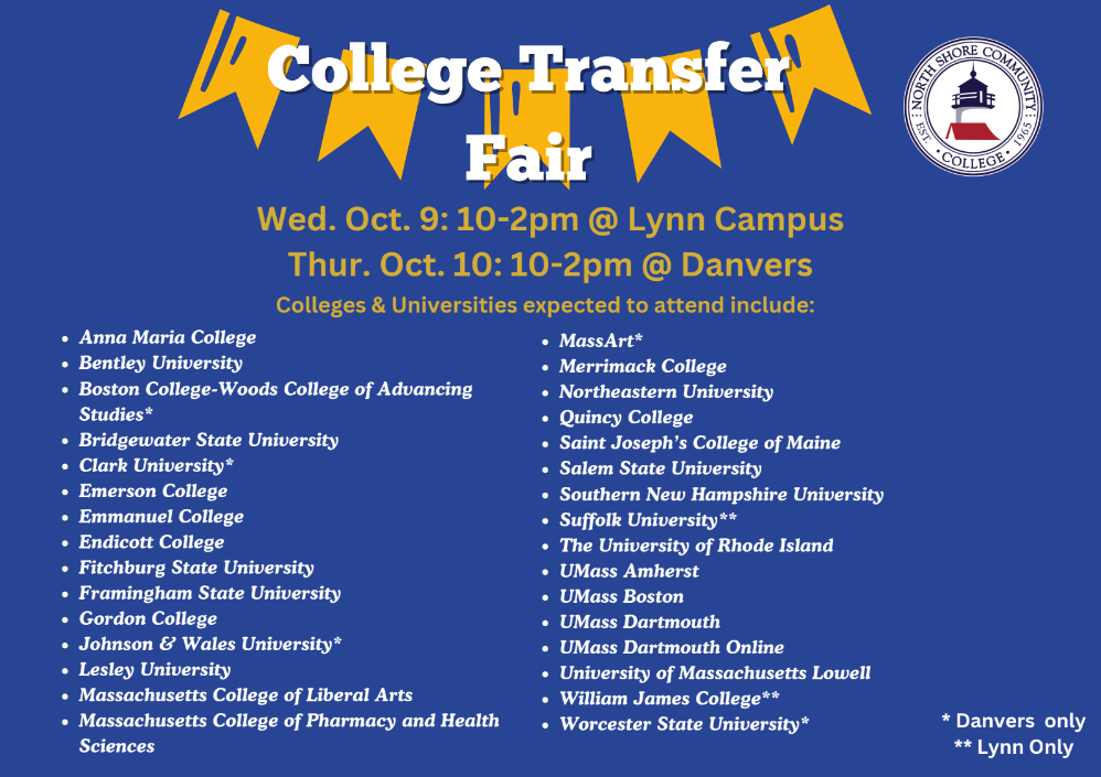 Flyer for College Transfer Fair. October 9th 10-2pm in Lynn. October 10th 10-2pm in Danvers.
