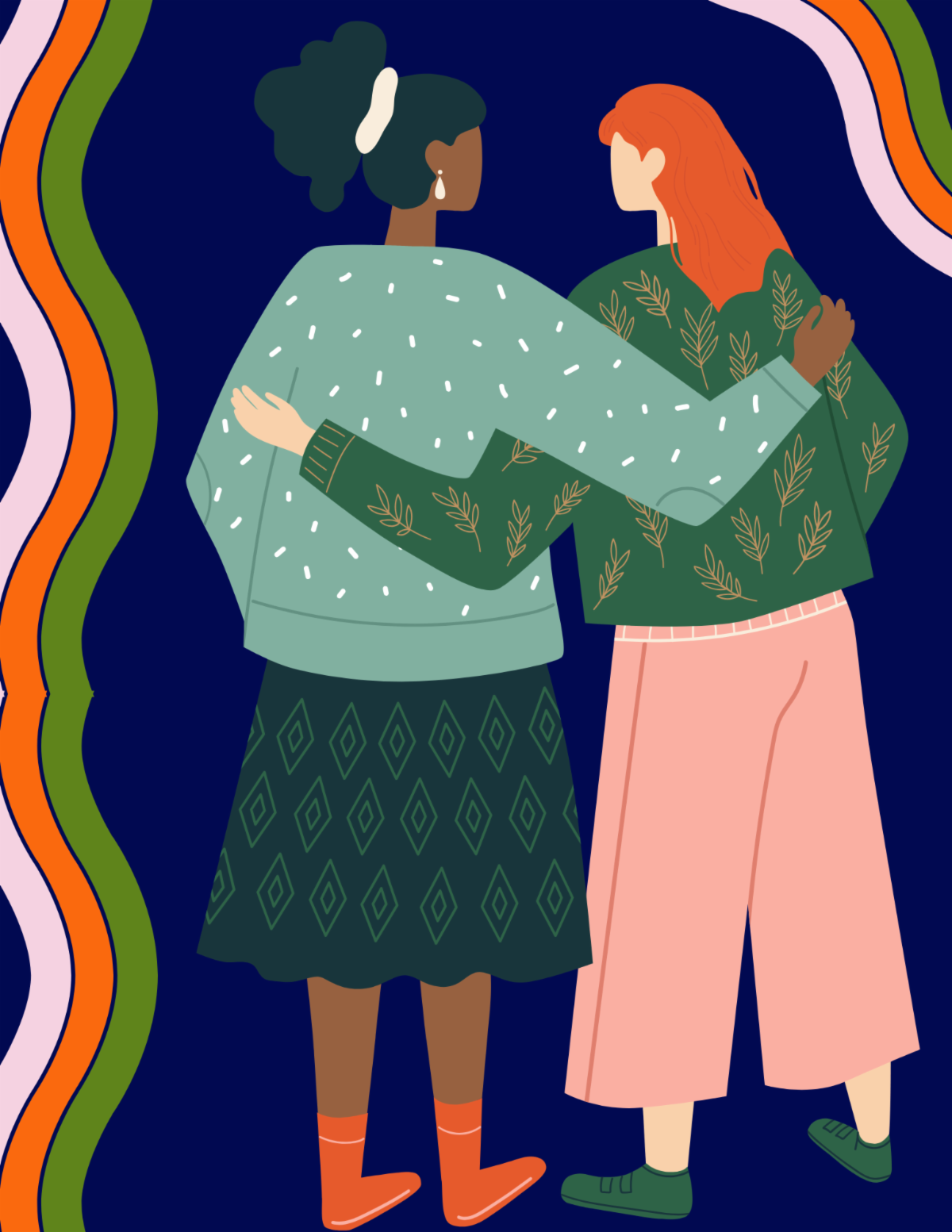cartoon of 2 diverse woman arm in arm