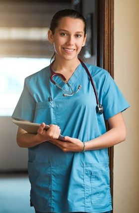 Portrait_ nurse and happy woman with tablet in clinic for research_ telehealth and healthcare. Face_ medical surgeon and digital technology for hospital service_ results and online report in Spain