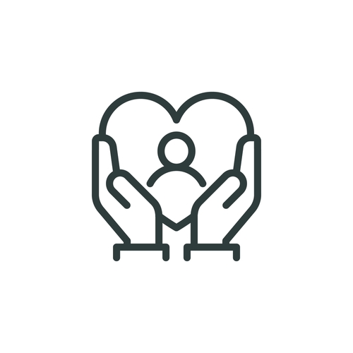 Thin Outline Icon Hands Hugging Heart Symbol in Which Sign Person. Line Charity_ Message Love and Patient Care_ Caring Hands. Vector Isolated Pictogram on White Background.