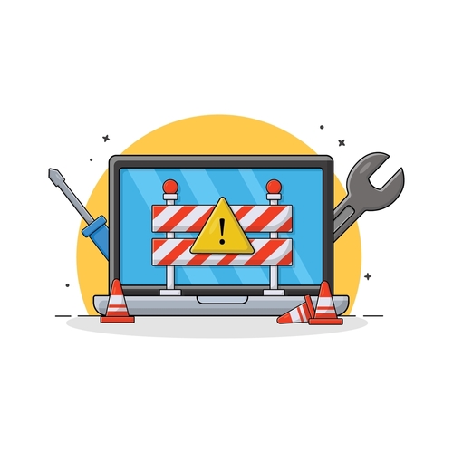 Laptop with Repairing Tools and Warning Sign Vector Illustration. Website Under Maintenance Concept Design