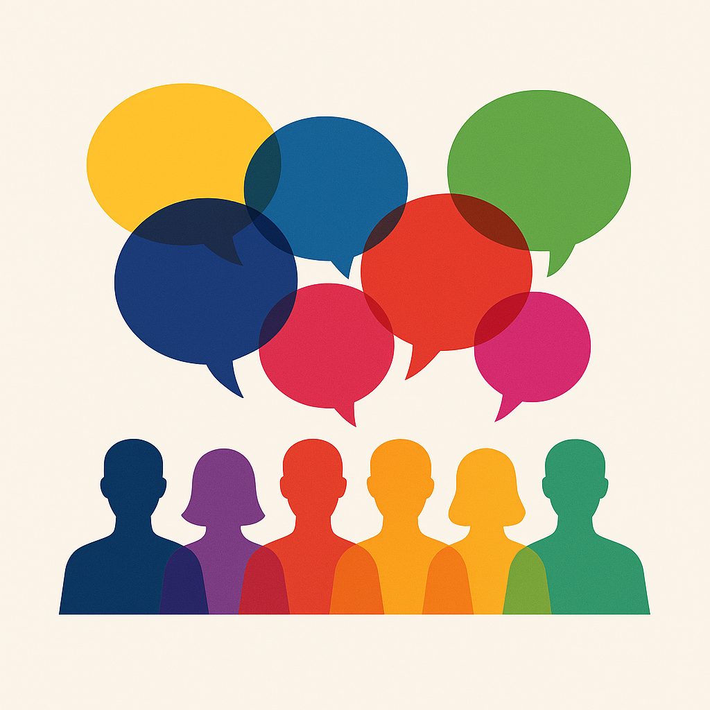 Multi-colored silhouettes of people which speech bubbles over their head