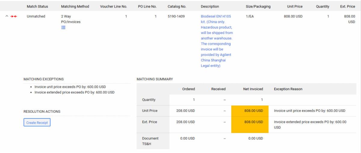 voucher enters match exception