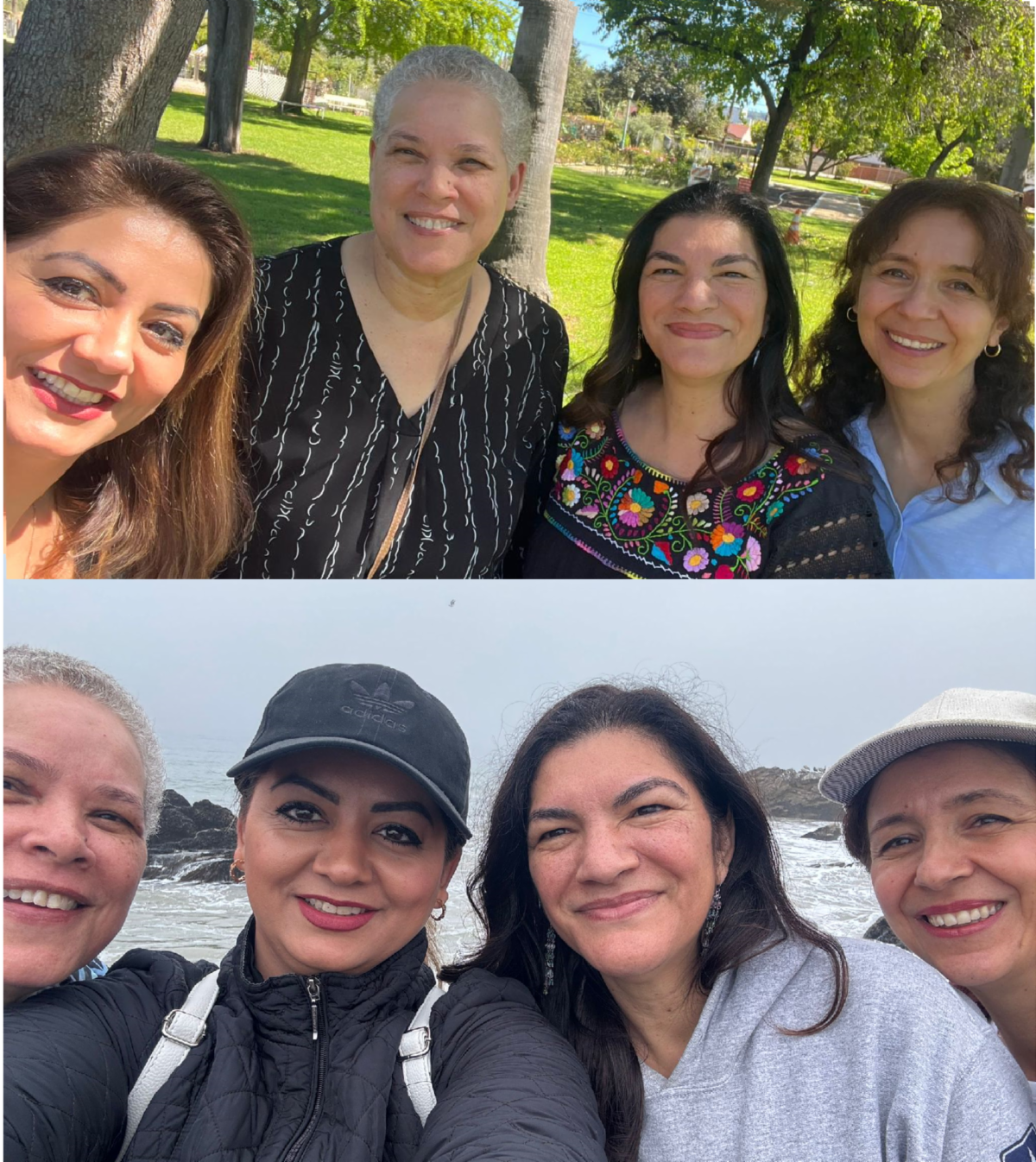 Montage composed of two photos of the four women who attended the WI staff retreat in Encino who are Hasti Khoshnammanesh Nicola Casserly Ymasumac Maranon Davis and Chitra Golestani Top photo taken at a community garden and bottom photo at the beach