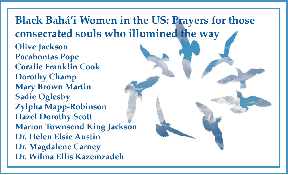 Graphic featuring first slide of devotional slide show that lists all the women featured in the slides alongside a stylized image of 8 birds flying in a circle