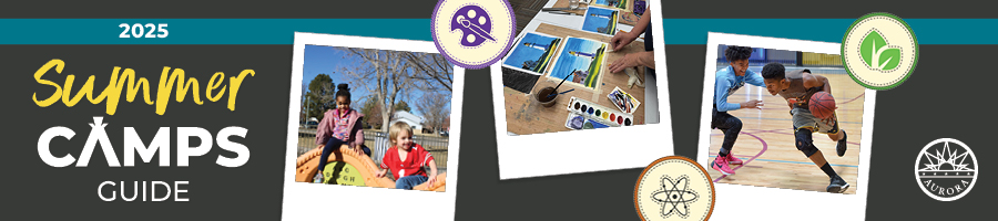 2025 Summer Camps Image description: Kids on a playground and boys playing basketball.