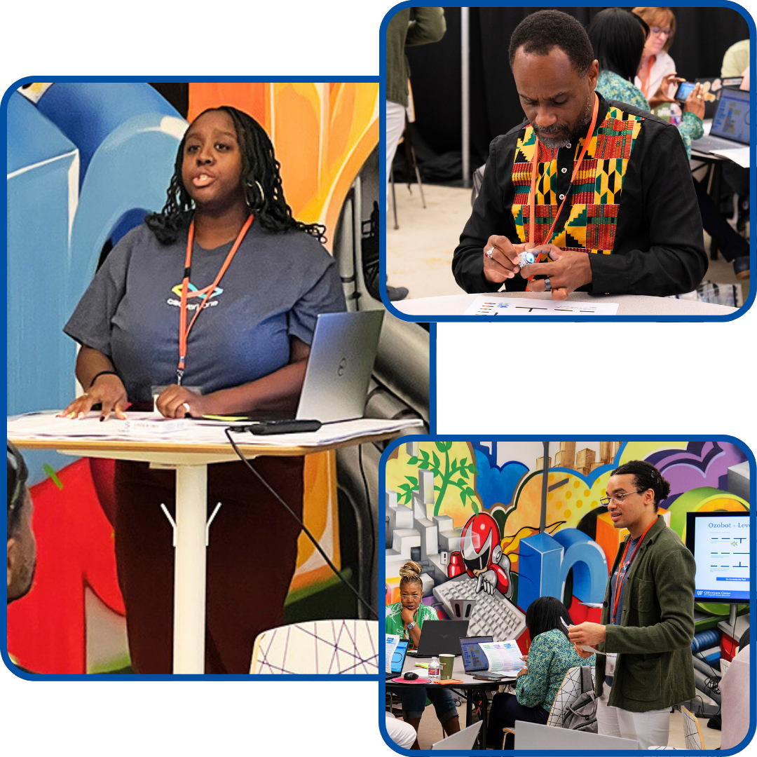 3 images showing presenters and attendees engaging in a brightly colored room