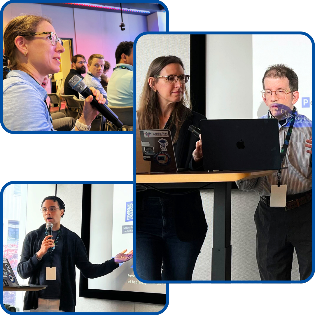 3 images showing presenters and attendees engaging in a brightly colored room