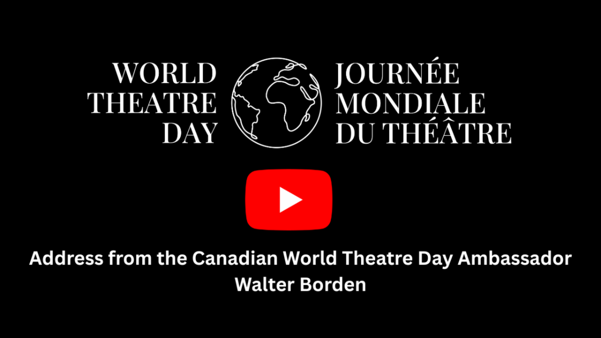 World Theatre Day logo on a black background with a red play button.