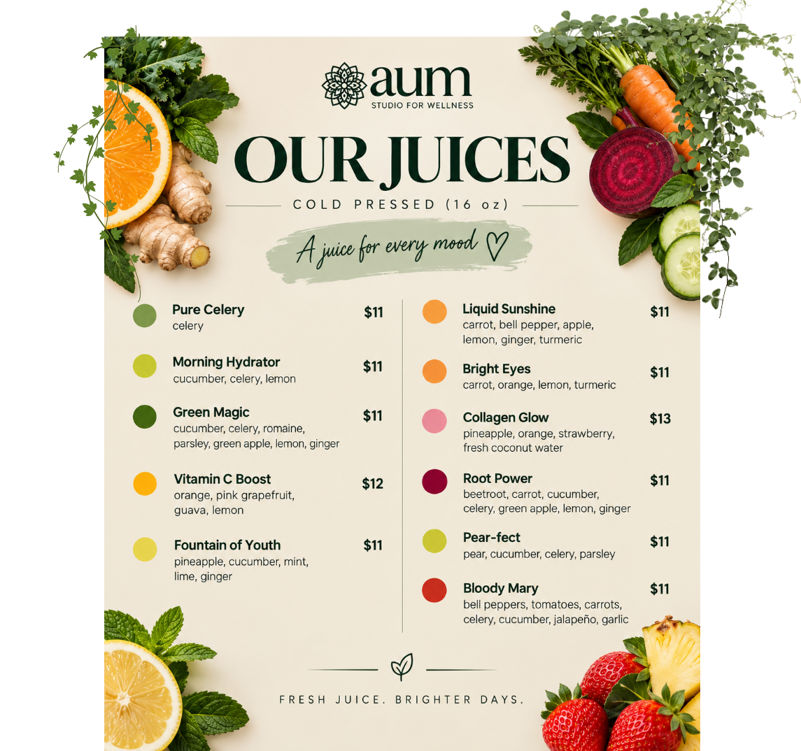 AUM cold-pressed juice menu
