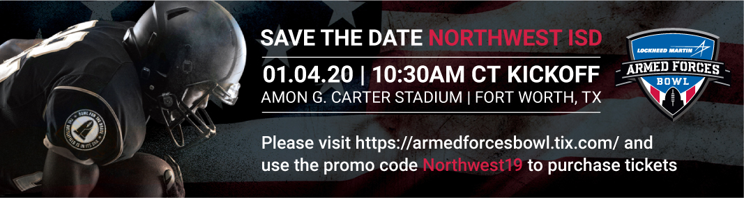 A banner for the Armed Forces Bowl with the promo code Northwest19