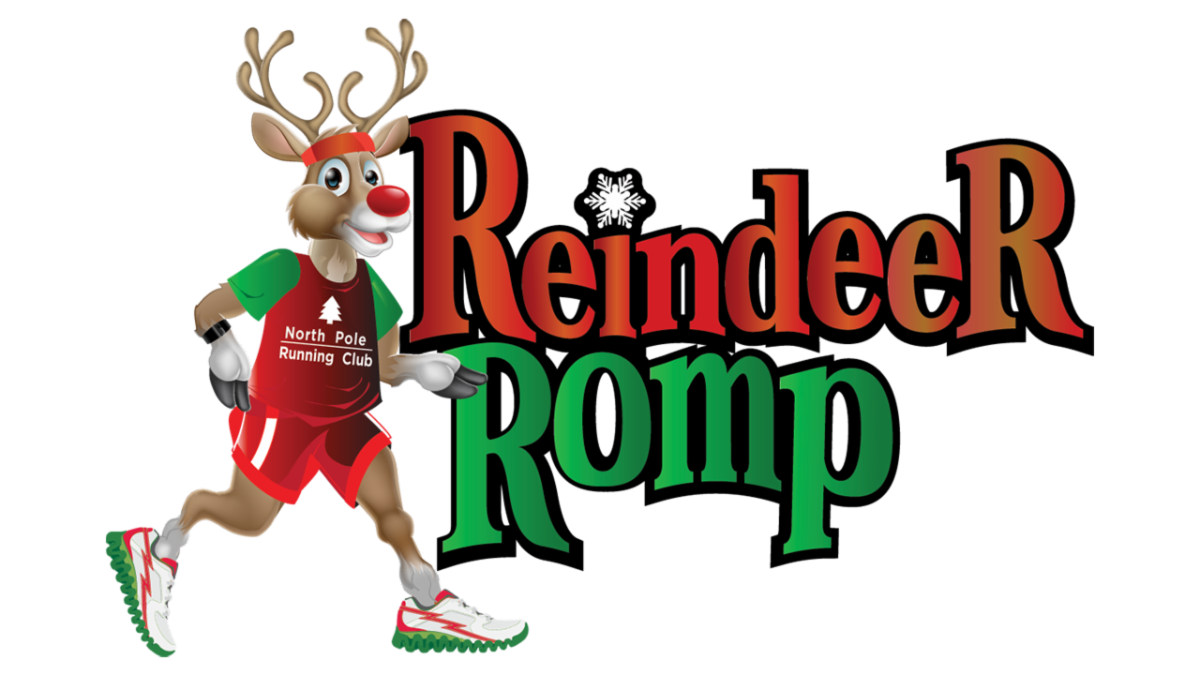 The logo for the Reindeer Romp with the text of the name and a reindeer jogging