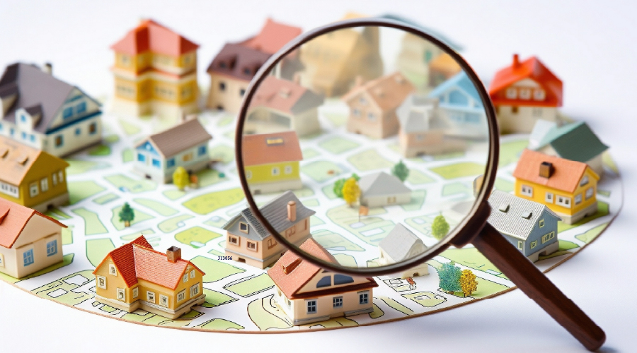 Different types of housing under a magnifying glass (photo graphic)