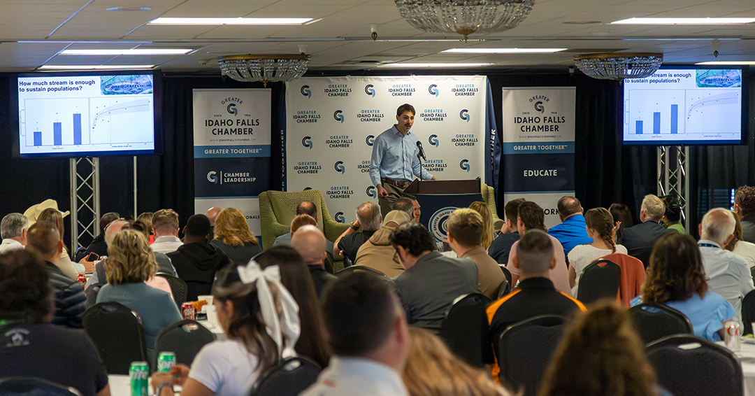 Adam Zambie speaks at a meeting of the Greater Idaho Falls Chamber of Commerce
