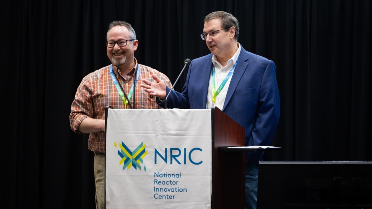 Dan LaBrier, associate professor of nuclear engineering and ISUâs project lead for the ART Facility, and Lorin Young, vice president of operations for NuCube Energy, present at the National Reactor Innovation Centerâs Program Review.