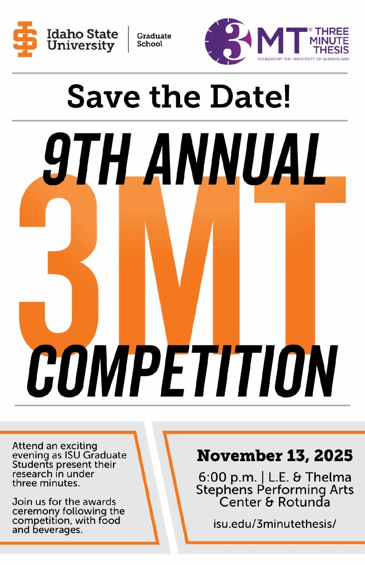 The poster for the 9th Annual 3MT competition at ISU