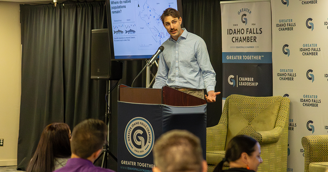 Adam Zambie speaks at a meeting of the Greater Idaho Falls Chamber of Commerce