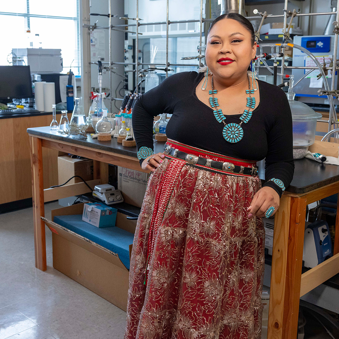 Veronica Miller poses for in a chemistry lab on ISU's Pocatello campus.