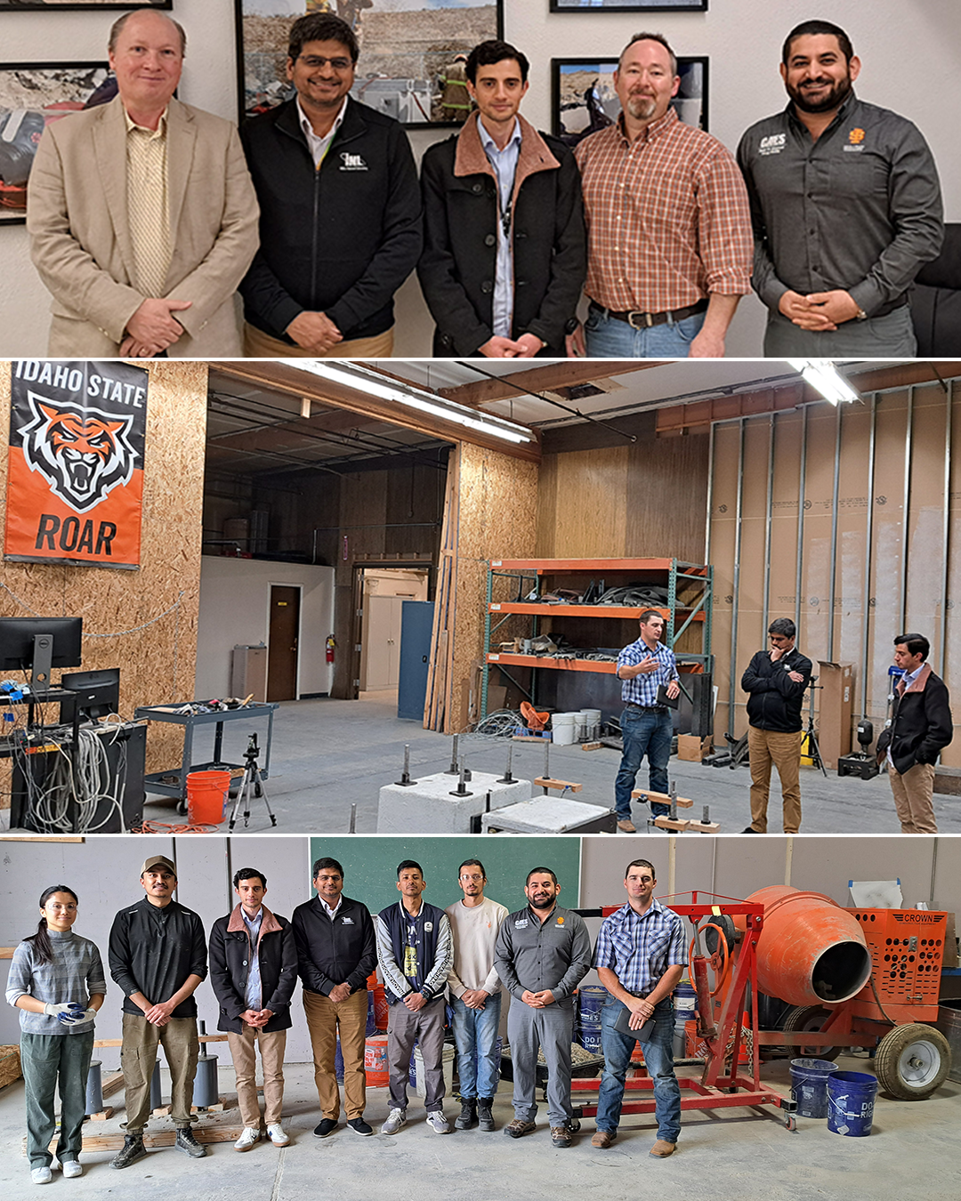 A collage of three photos from Vivek Agarwal and Khaldoon AlDawoodâs visit to ISU. 