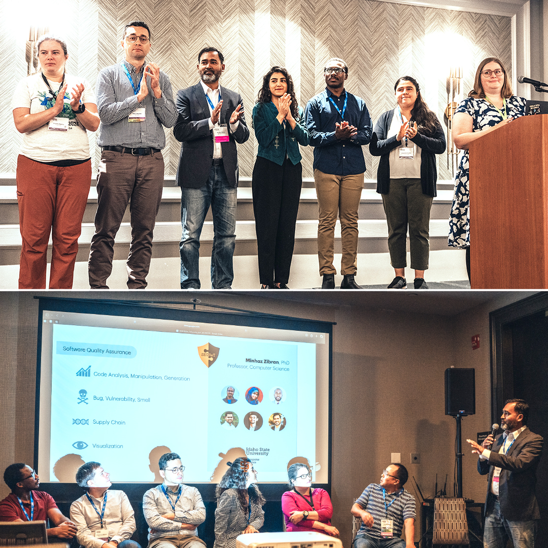 A collage of two photos of Minhaz Zibran at the US Research Software Engineer Association conference in Philadelphia. 