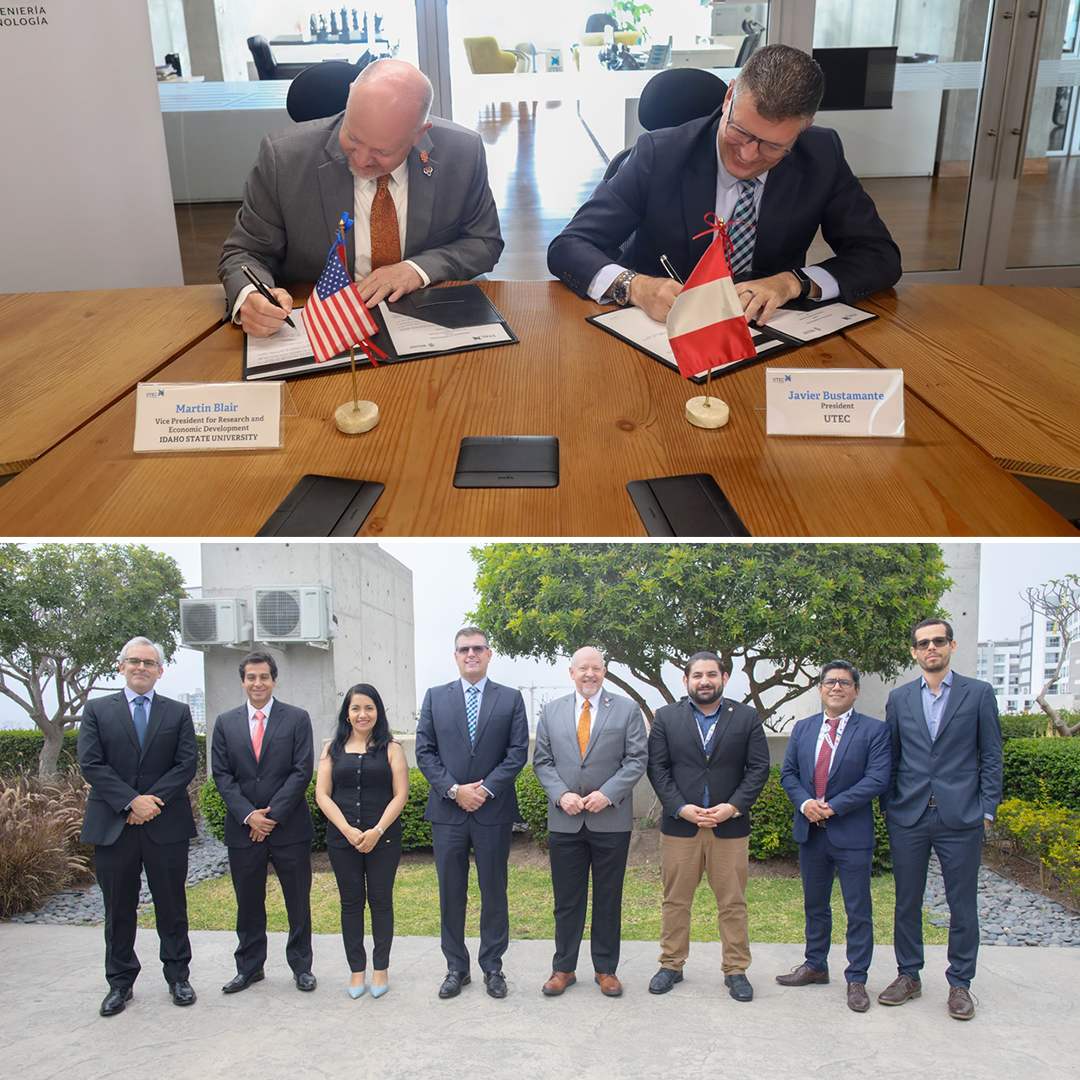A collage of two photos from the MoU signing between ISU and UTEC