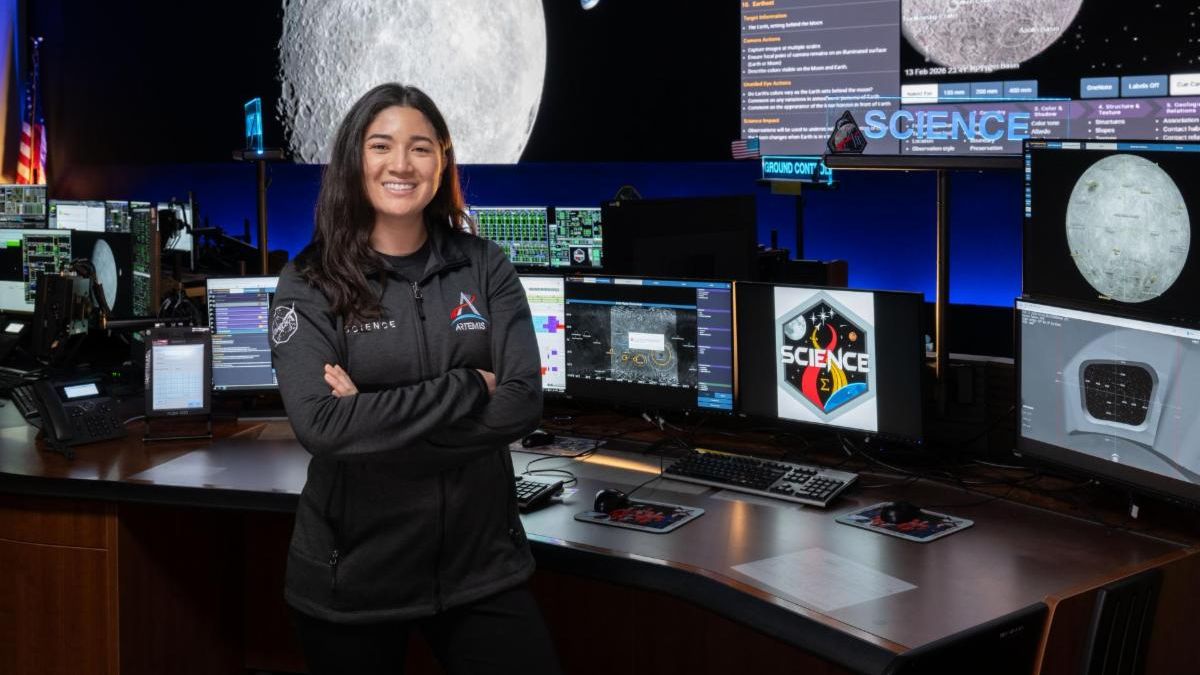 Artemis science officer, Angela Garcia, stands at the new SCIENCE console in the Mission Control Center at NASAs Johnson Space Center in Houston. Photo credit: NASA/Josh Valcarcel