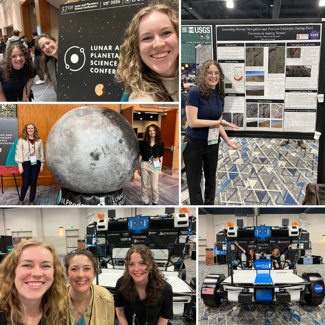 A collage of photos of Tess Oldroyd-Johnson, Emily Ford, and Shannon Kobs Nawotniak at the Lunar and Planetary Science Conference in Houston.