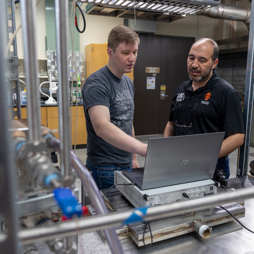 Scott Wahlquist doctoral student and Amir Ali associate professor of nuclear engineering  pose for a photo at the Center for Advanced Energy Studies in Idaho Falls