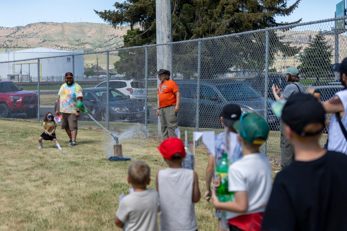 Water rocket scientists build and launch their creations at the Idaho State University Department of Physics Water Rocket Festival on June 28 2025. 