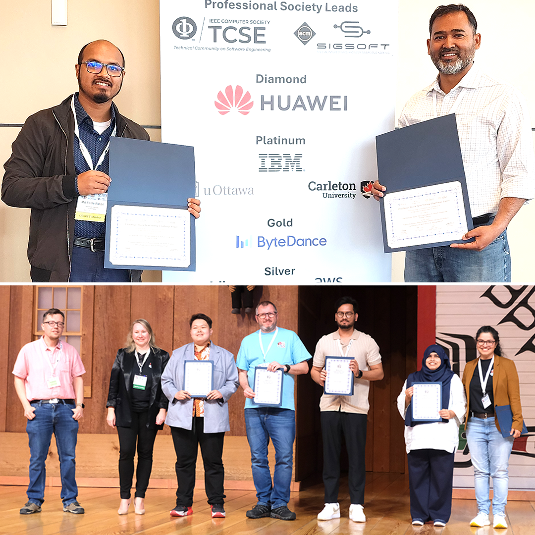 Two photos in a collage of Minhaz Zibran Md Fazle Rabbi and Arifa Champa receiving awards at the 22nd IEEE International Conference on Mining Software Repositories. 