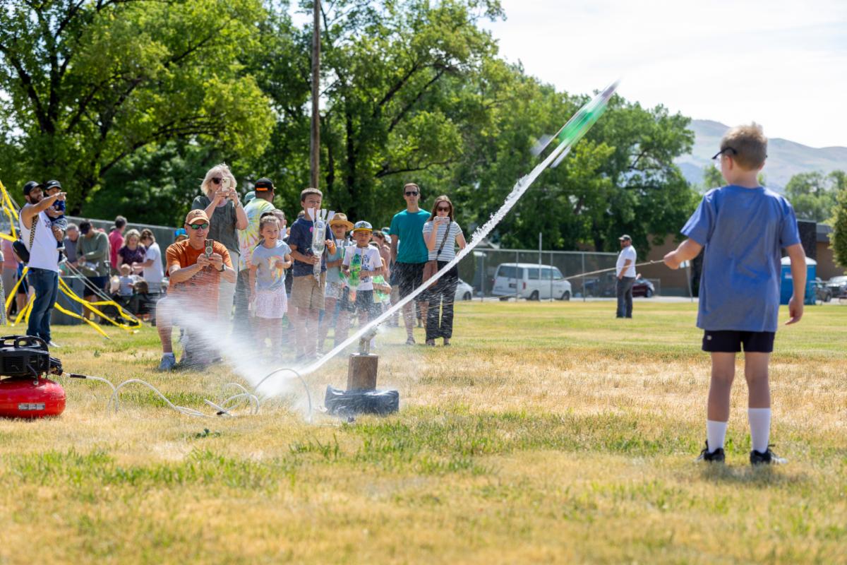 Water rocket scientists build and launch their creations at the Idaho State University Department of Physics Water Rocket Festival on June 28 2025. 