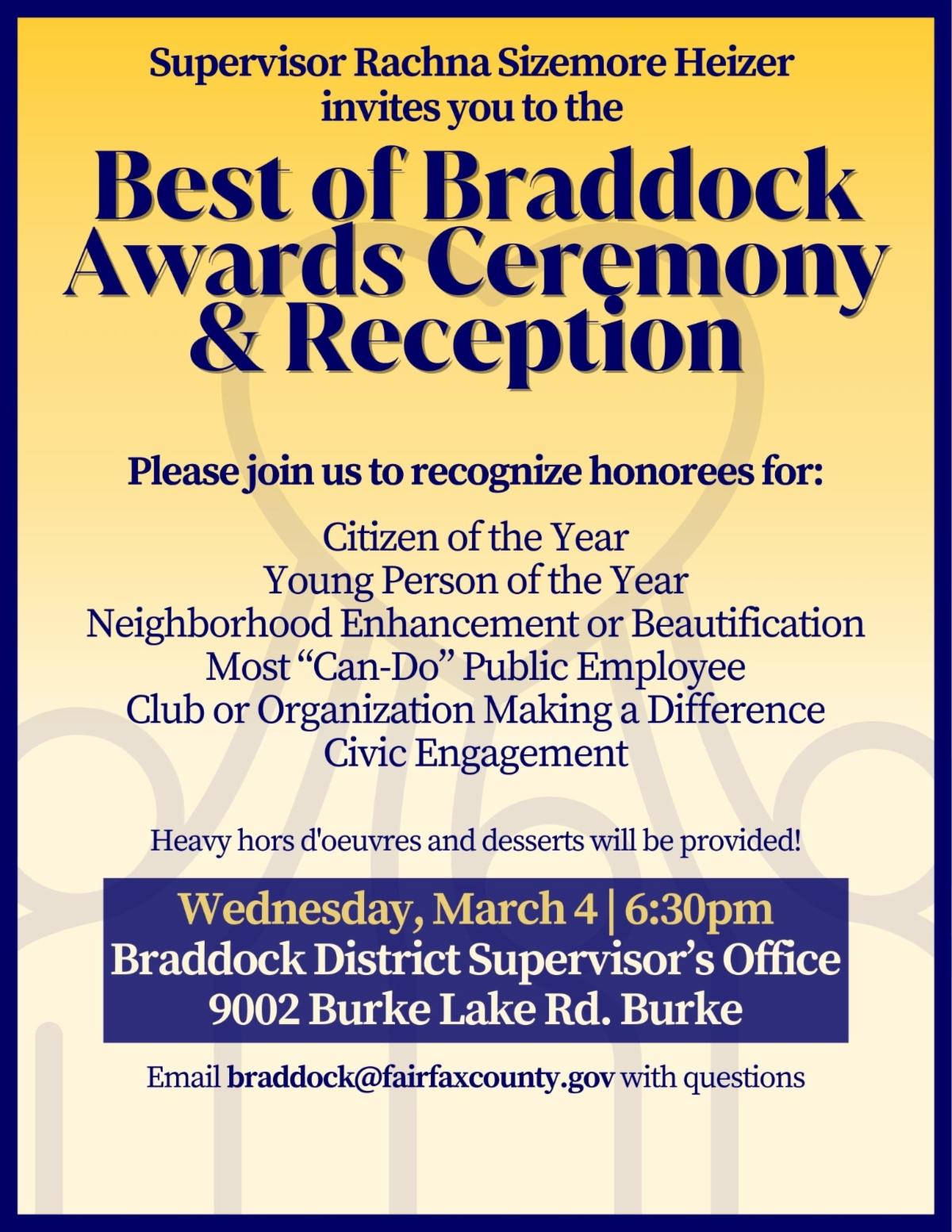 Flyer for Best of Braddock March 4, 2026, 6:30 p.m. at the Braddock District office, 9002 Burke Lake Rd.