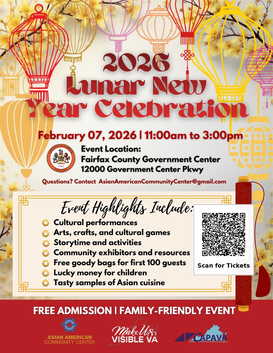 Flyer for Lunar New Year Celebration February 7, 11:00 a.m. - 3:00 p.m. at the Government Center, 12000 Government Ctr Pkwy