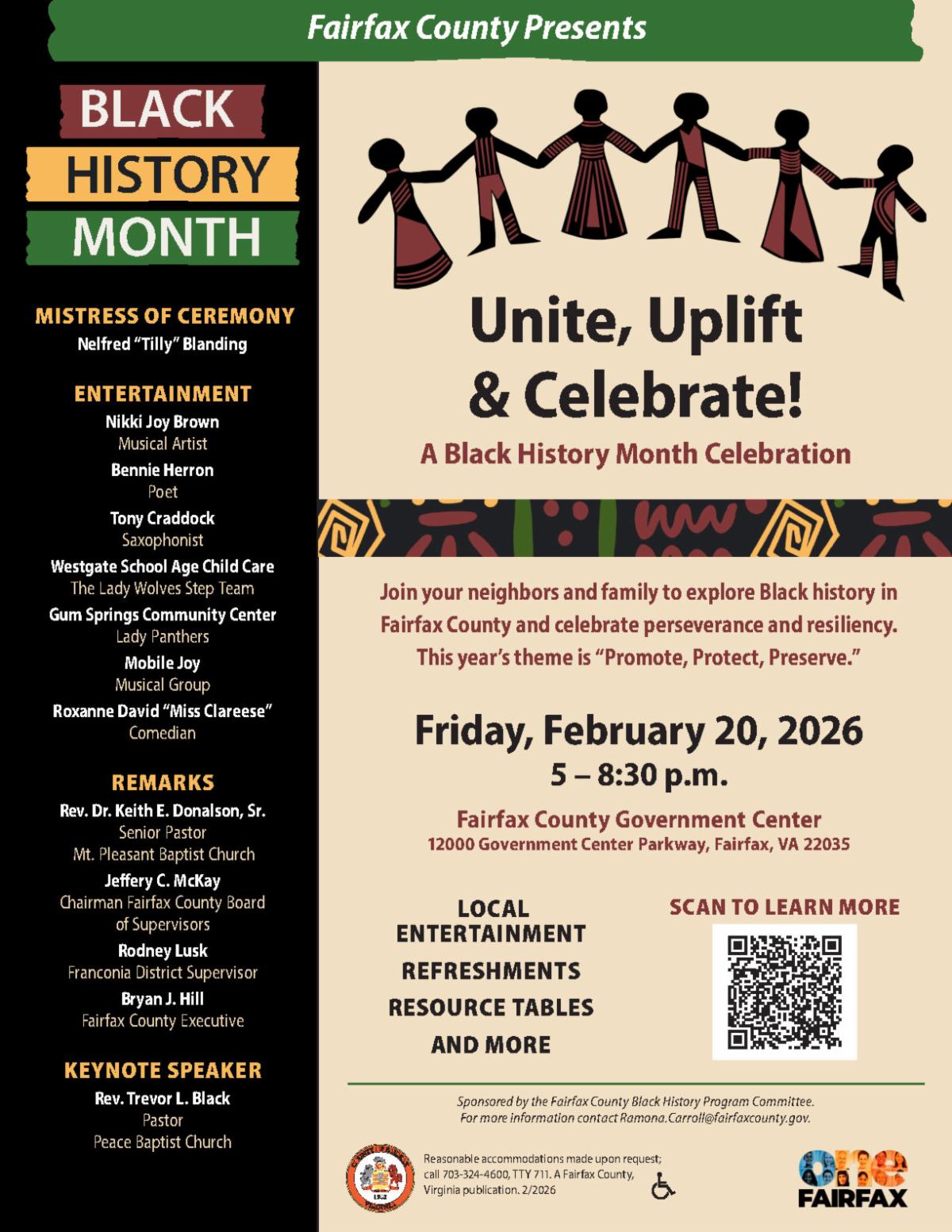 Flyer for the 2026 Black History Month Celebration, "Unite, Uplift & Celebrate!" featuring a list of entertainers and speakers. The link goes to the County page with details.