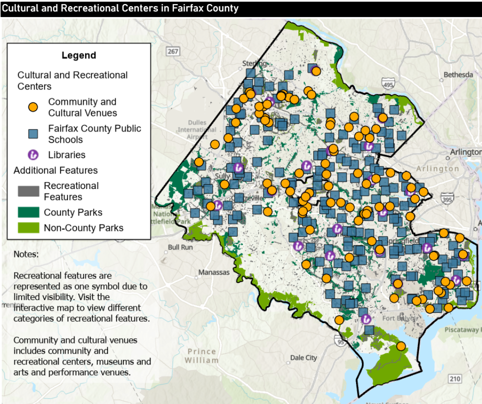 View from the Cultural and Recreational Opportunity Dashboard showing a County map of such features