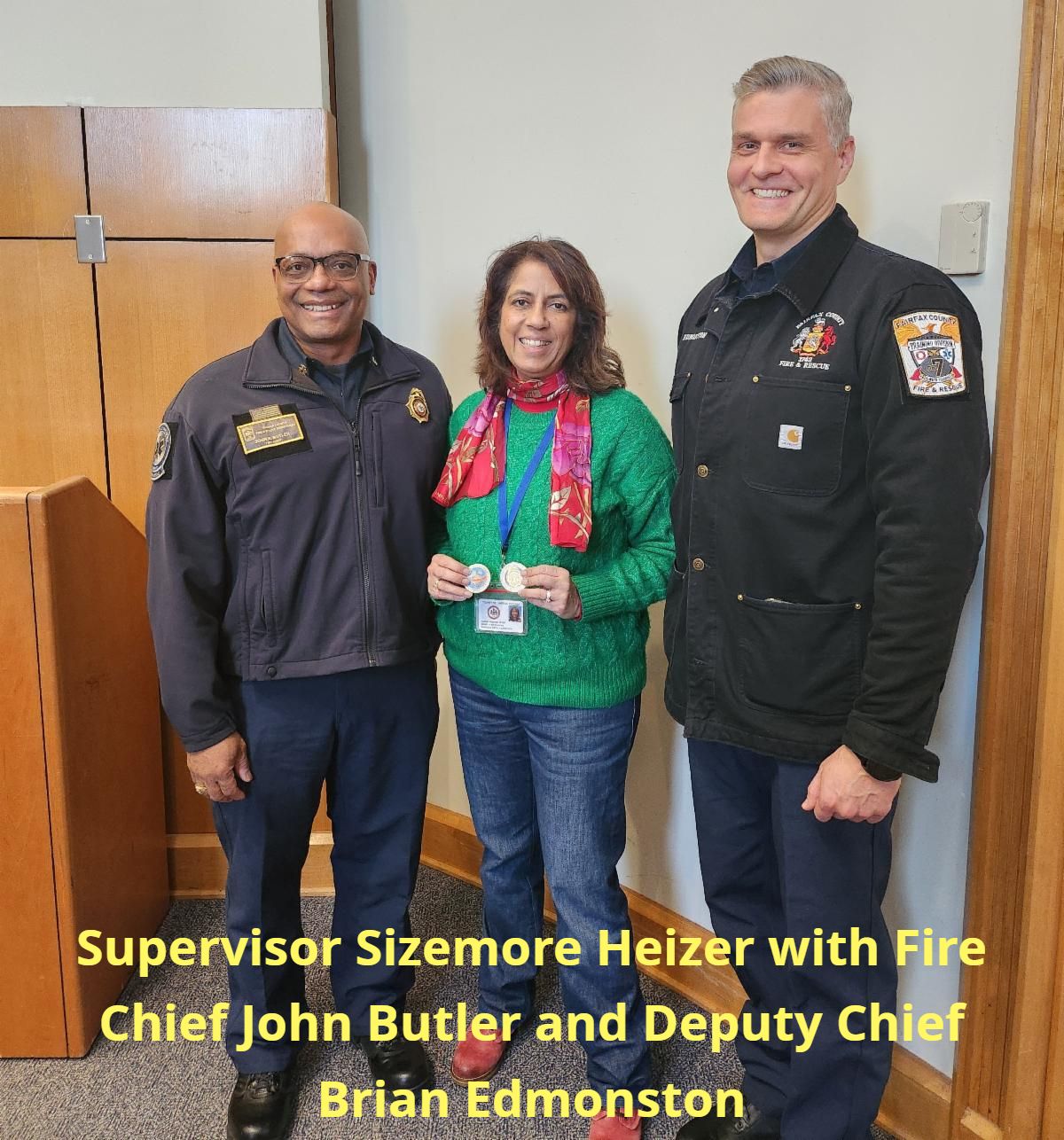 Supervisor Sizemore Heizer with Fire Chief John Butler and Deputy Chief Brian Edmonston