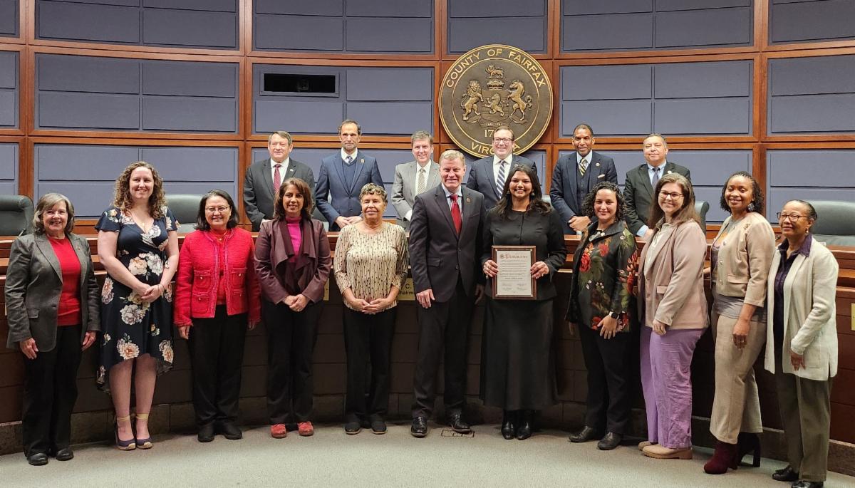 Supervisor Sizemore Heizer and members of the Board of Supervisors stand with the Commission for Women for the proclamation recognizing Women's History Month 2026.