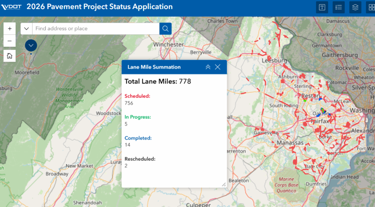 Screenshot of VDOT's repaving map application