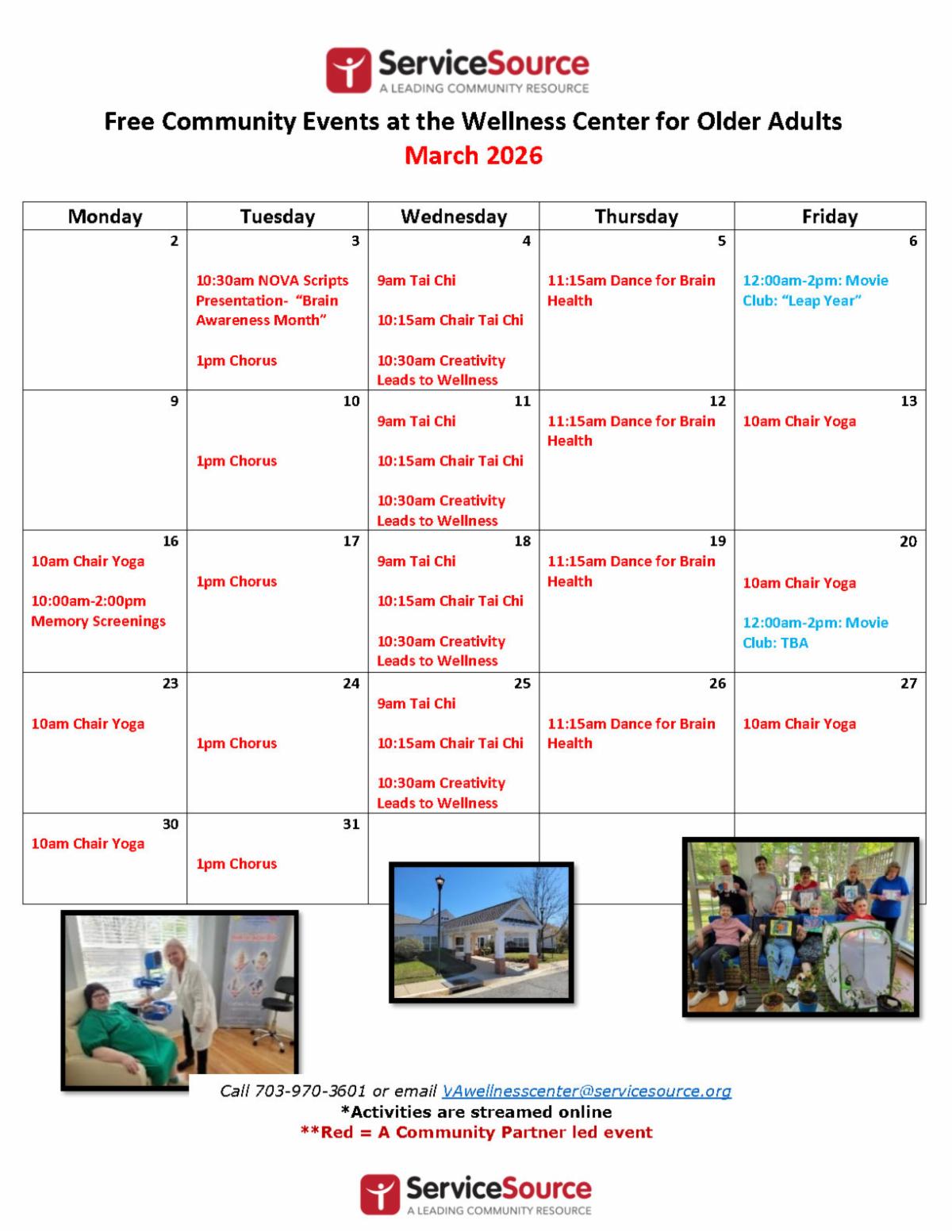 March 2026 Calendar for the Wellness Center for Older Adults