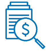 An icon depicting a magnifying glass over a stack of papers. A dollar sign is visible in the glass.