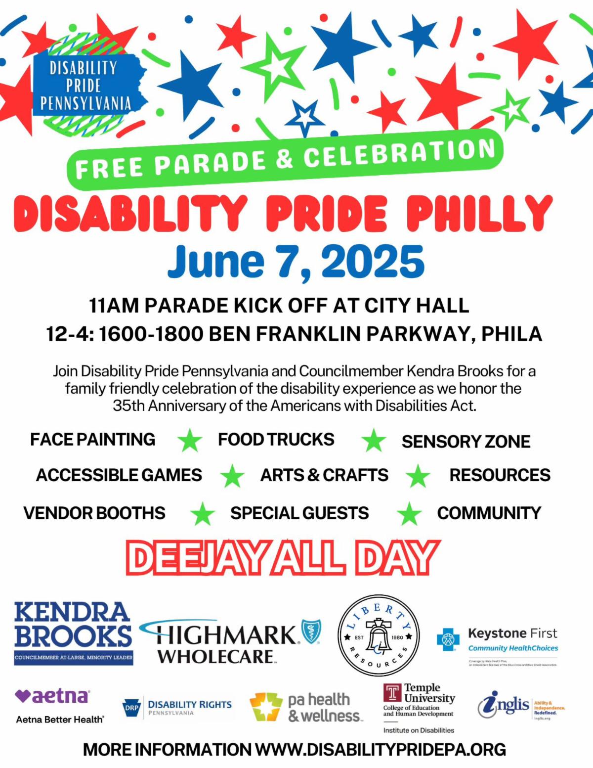 Disability Pride Parade flyer. Parade will have activities and resources available. It kicks off at 11AM and the parade goes until 4PM.