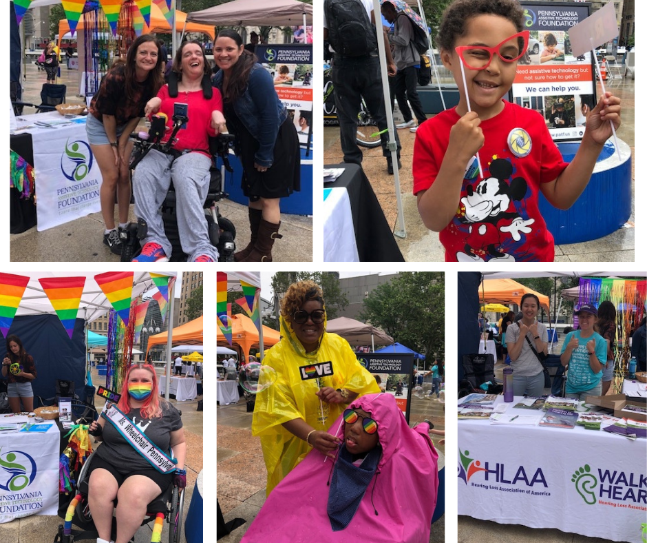 Five images including parade goers. Top left photo shows a woman wheelchair user with two other women standing on the sides of her. On the top right, a little boy in a red t-shirt holds fake glasses over his eyes. Bottom left, a woman in a wheelchair is near a PATF tent , wearing a multi-colored band across her body that reads "Ms Wheelchair Pennsylvania."  In the center bottom, a woman in yellow poncho stands next to young child wheelchair who is wearing a pink poncho. On the far right bottom, two young woman, smiling, stand underneath a tent. 