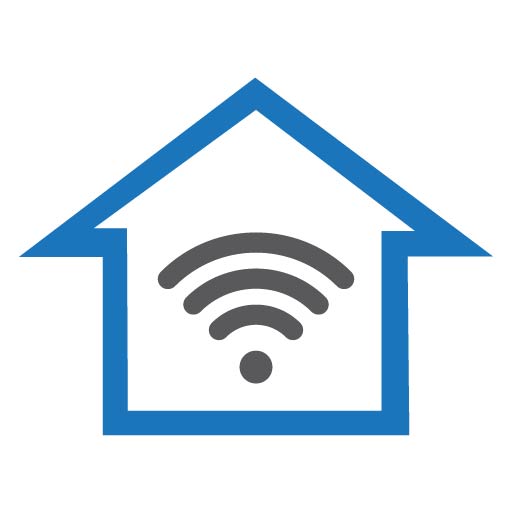 Smart Homes Made Simple logo features the blue outline of a house with a grey wifi symbol inside