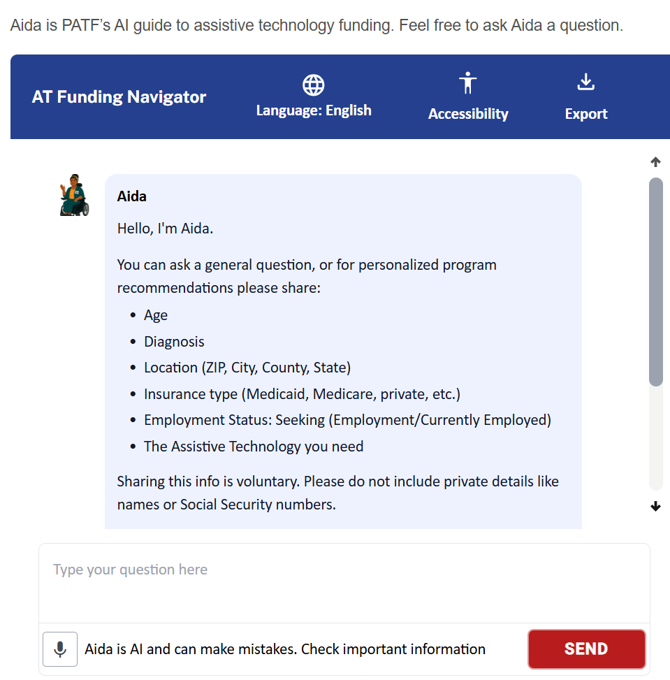 Snapshot of the PATF’s Aida chatbot homepage showing the welcome message, navigation options, and question input field.
