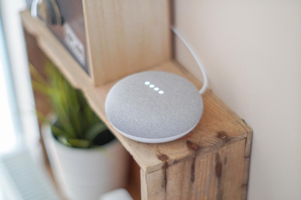 A smart speaker lights up on a rustic shelf next to a houseplant.