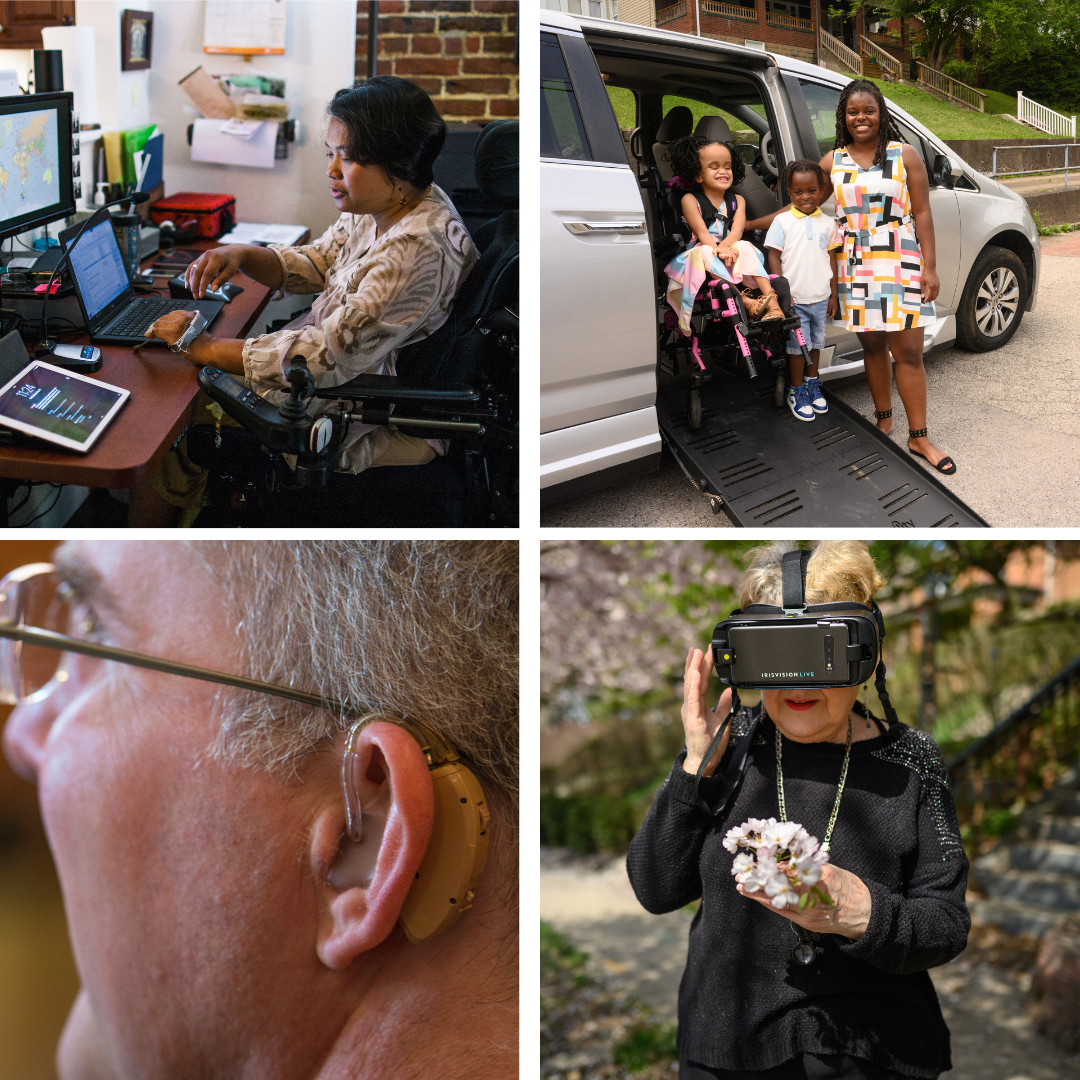 Top left: A woman at a desk; Top right: A woman and two children near a van; Bottom left: A man wearing a hearing aid; Bottom Left: A woman wearing vision glasses.