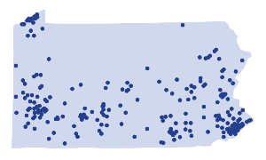 Graphic map of Pennsylvania with dots representing PATF loans scattered across the state with clusters in Erie Pittsburgh and Philadelphia.