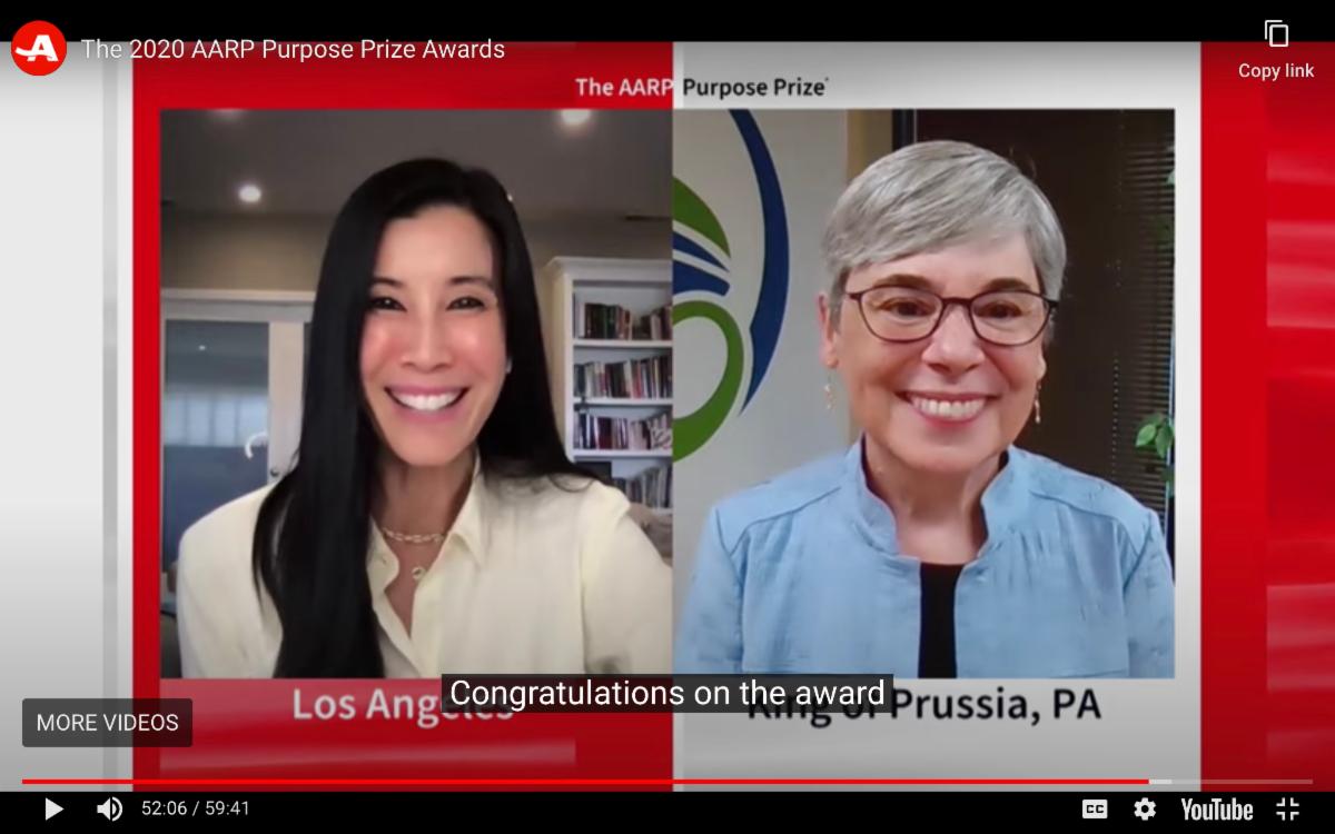 CCNs Lisa Lang congratulates Susan Tachau during a live stream of the AARP Purpose Prize Award Ceremony.